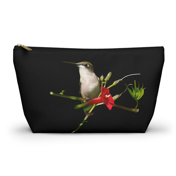 Hummingbird Red Bloom Black Accessory Pouch w T-bottom