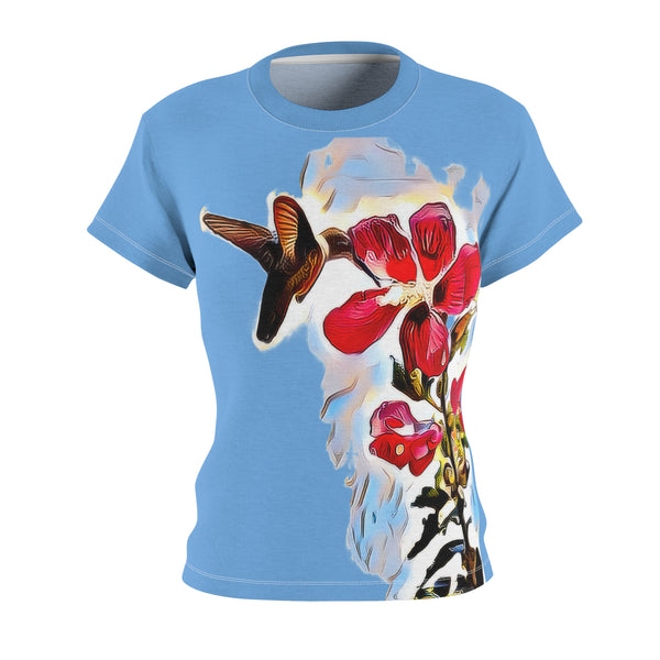 Women's Cut & Sew Hummingbird Red Rosa Light Blue Tee (AOP 1)