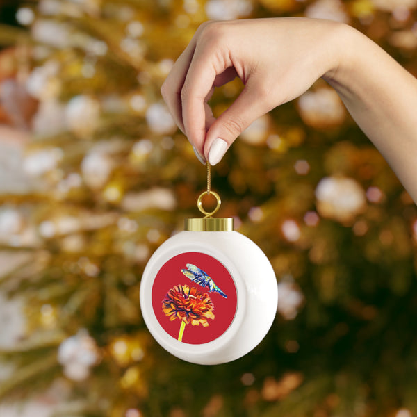 Hummingbird Wings Up Red Ball Ornament