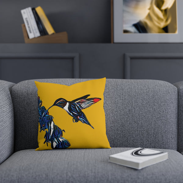 Hummingbird Blue Stick Yellow Cushion