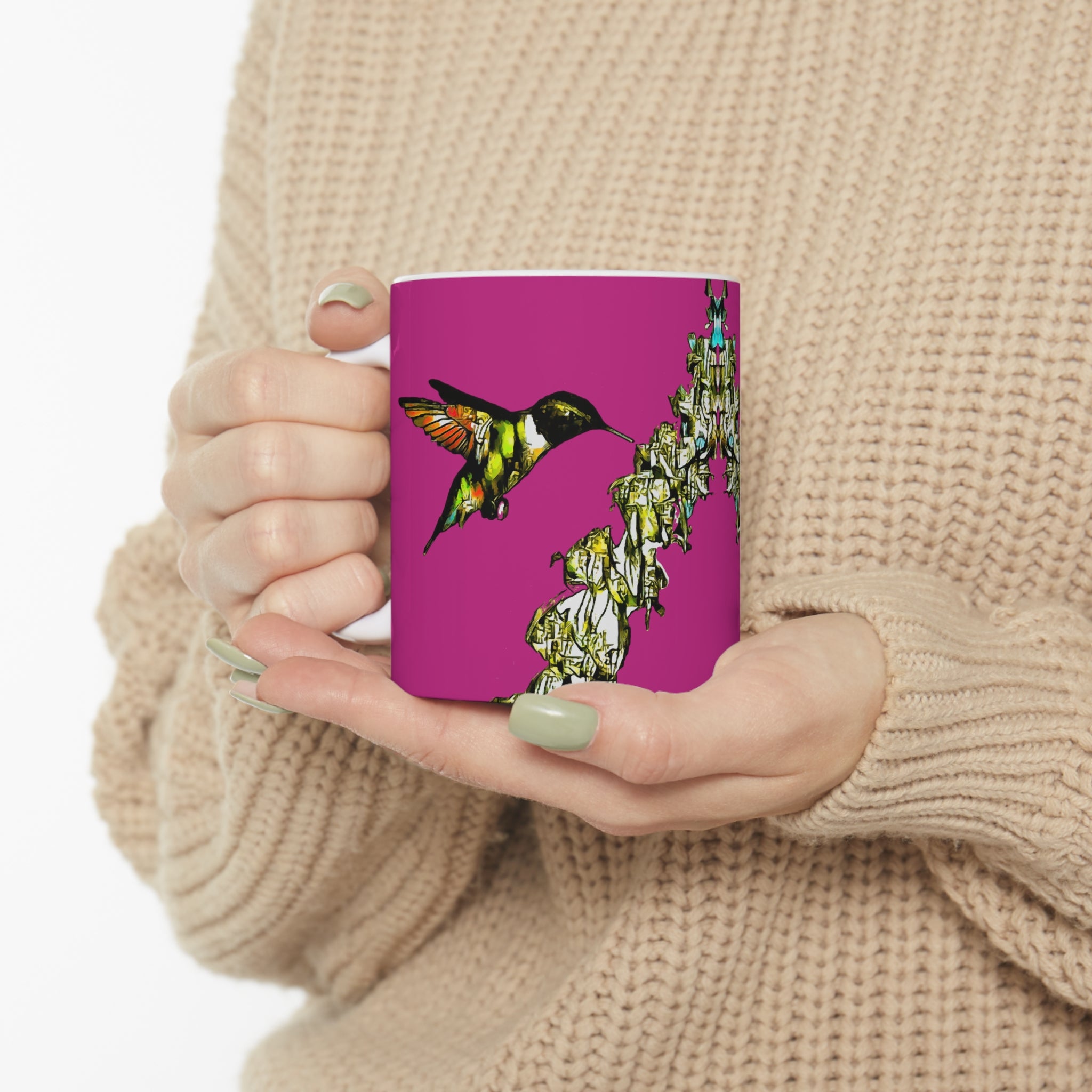 Hummingbird Stick Neat Pink Ceramic Mug 11oz