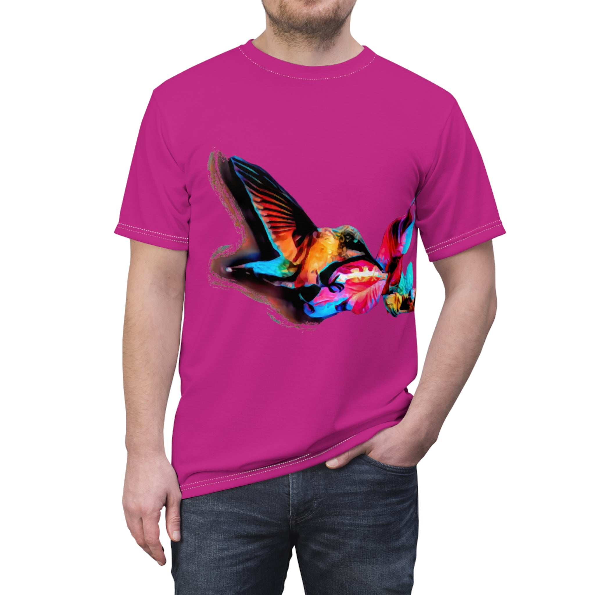 Unisex Cut & Sew Hummingbird Landing Neat Pink Tee (AOP 1)