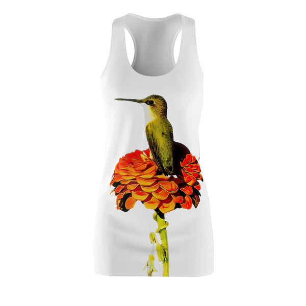 Hummingbird Orange Platform White Women's Cut & Sew Racerback Dress (AOP)