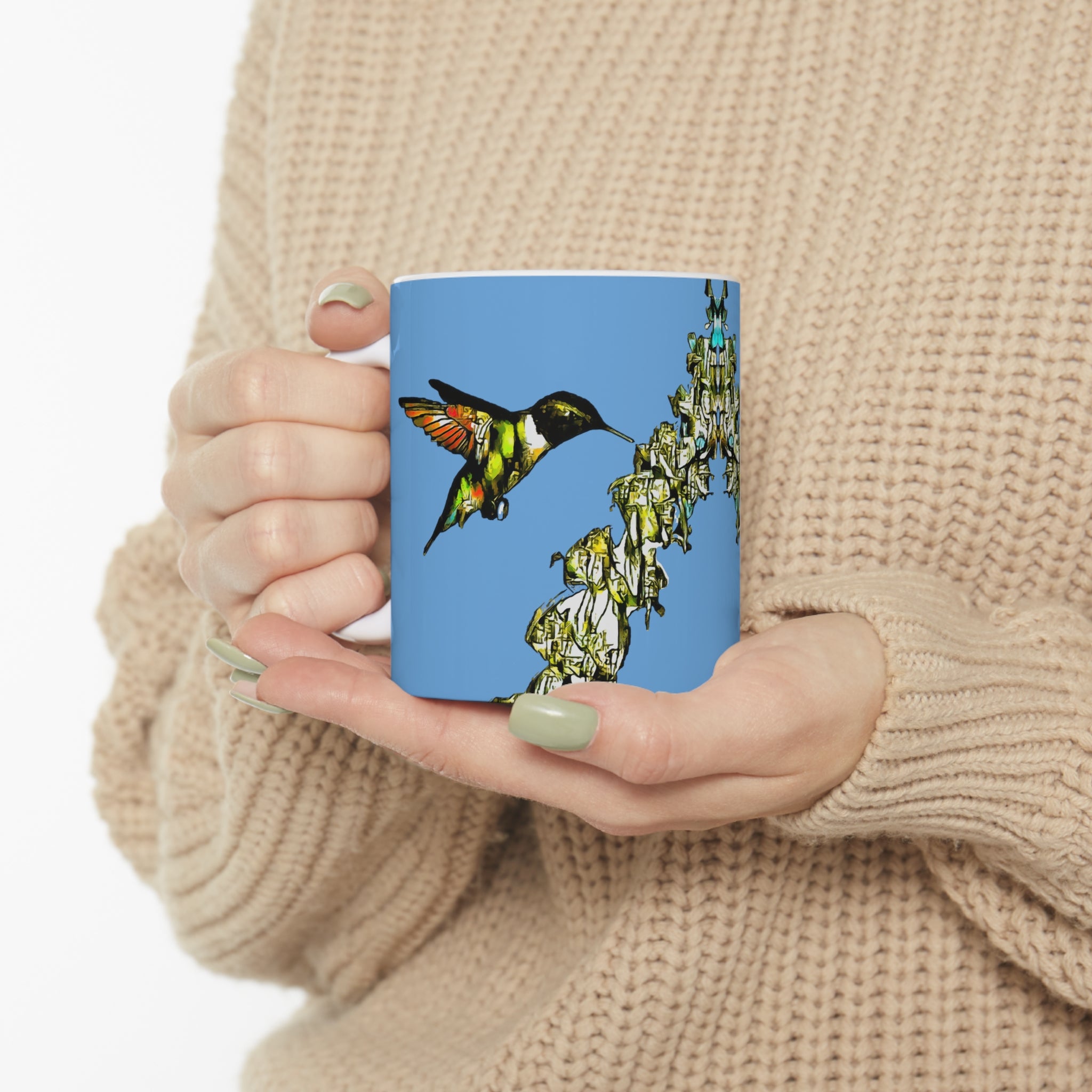 Hummingbird Stick Light Blue Ceramic Mug 11oz