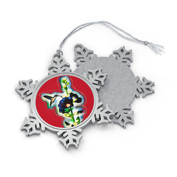 Hummingbird Standing Pewter Red Snowflake Ornament