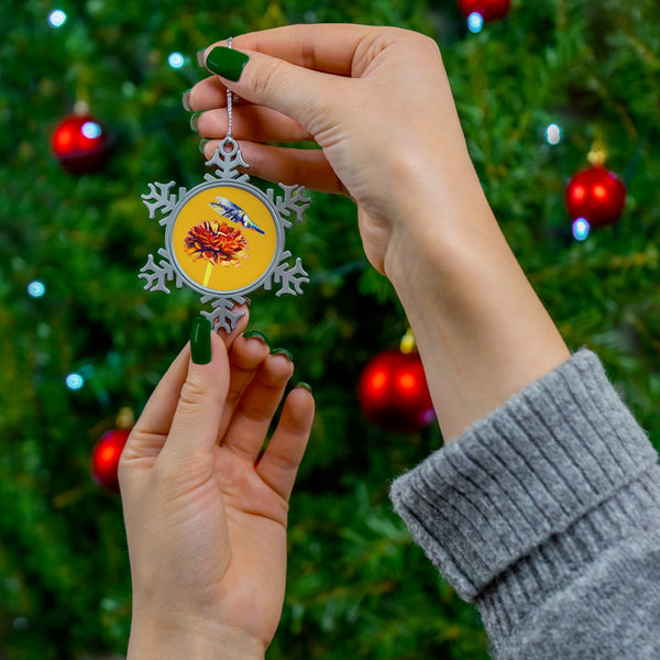 Hummingbird Wings Up Pewter Yellow Snowflake Ornament