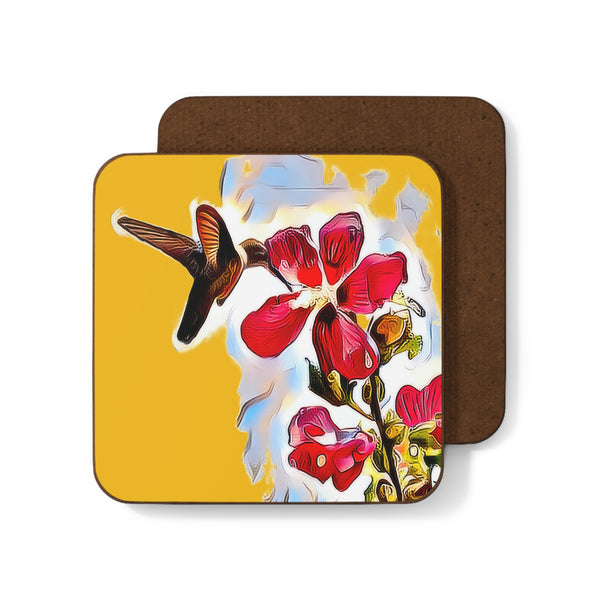 Hummingbird Red Rosa Yellow Hardboard Back Coaster