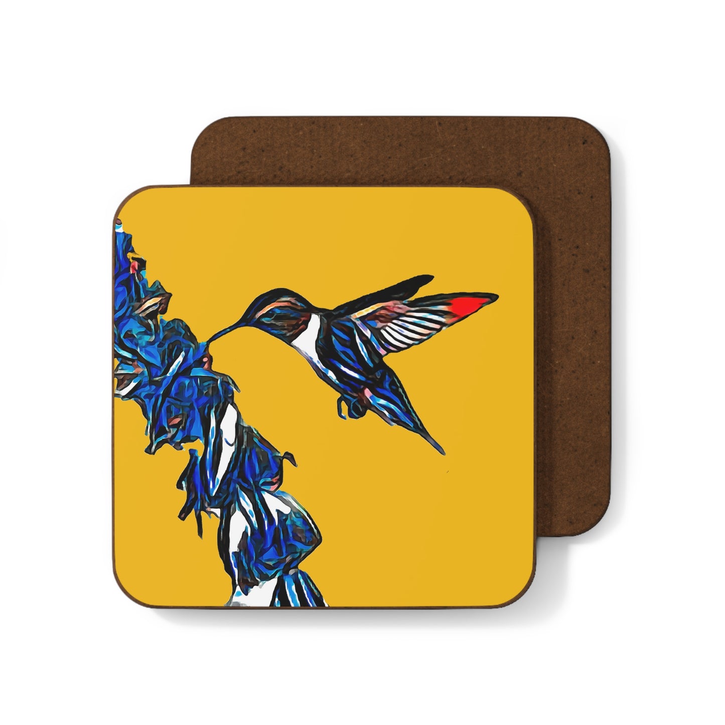 Hummingbird Blue Stick Yellow Hardboard Back Coaster