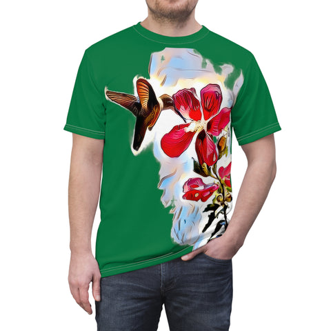 Unisex Cut & Sew Hummingbird Red Rosa Green Tee (AOP 1)