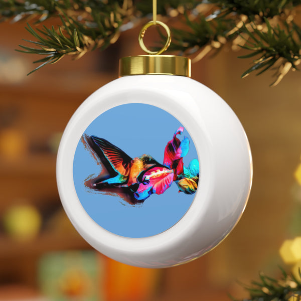 Hummingbird Landing Light Blue Ball Ornament