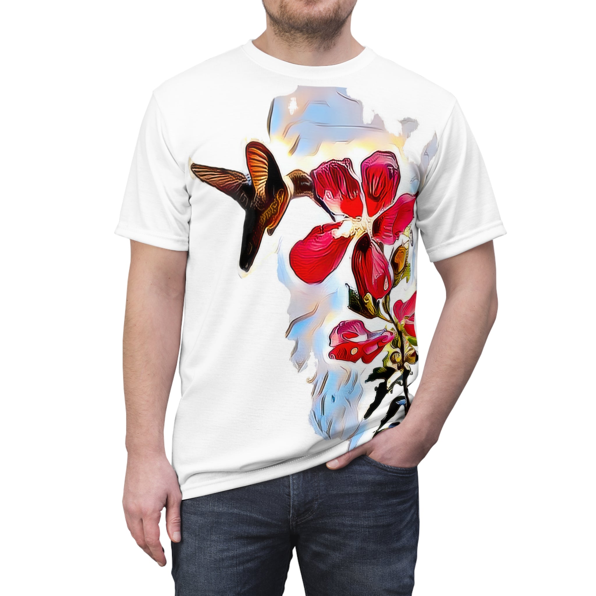 Unisex Cut & Sew Hummingbird Red Rosa Tee (AOP 1)