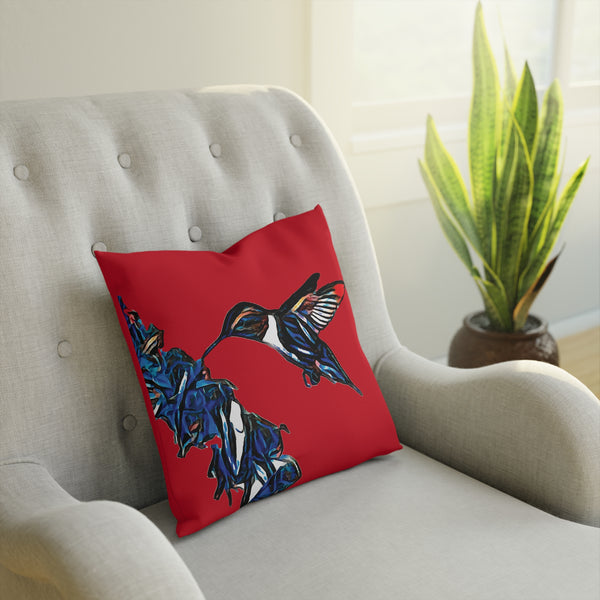 Hummingbird Blue Stick Red Cushion