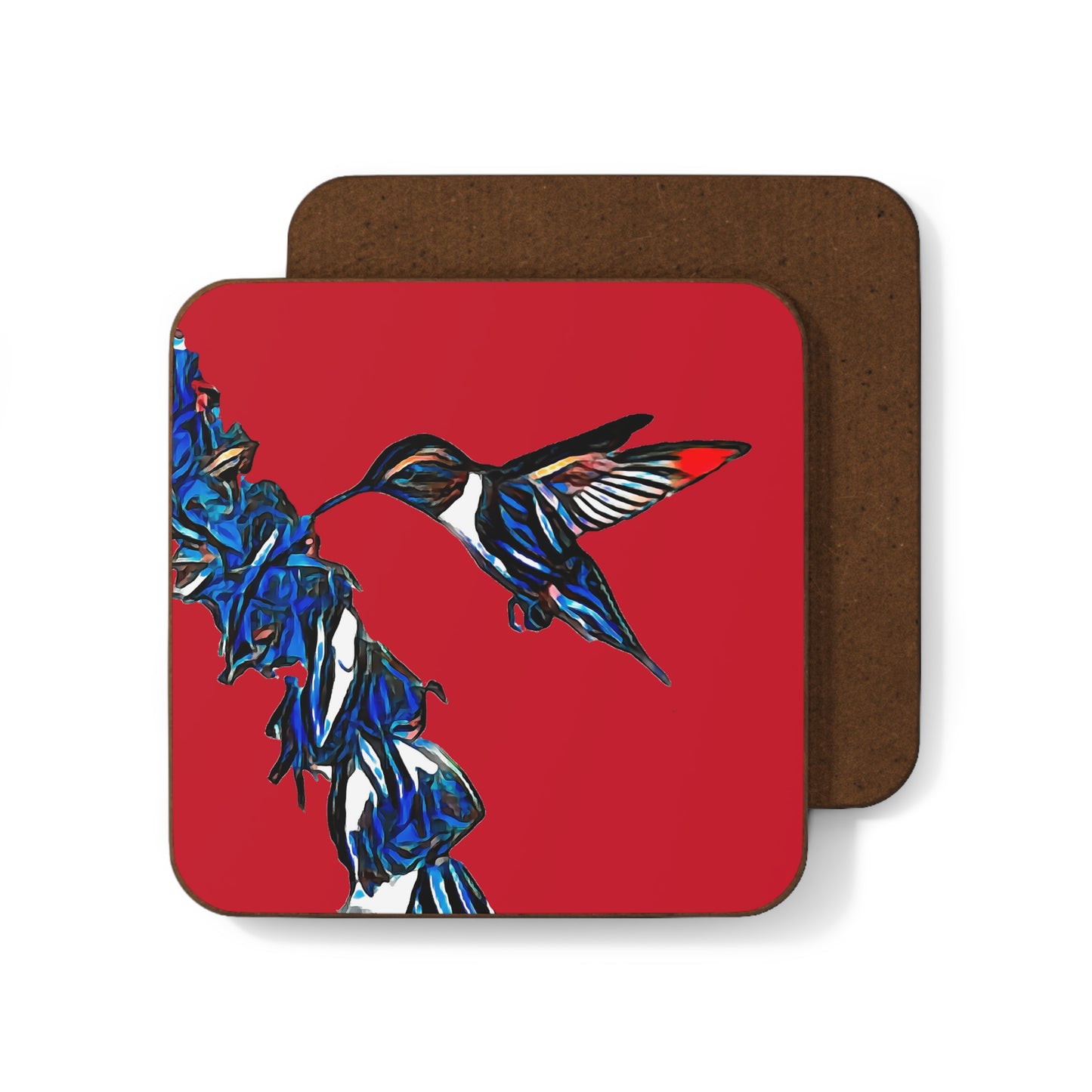 Hummingbird Blue Stick Red Hardboard Back Coaster