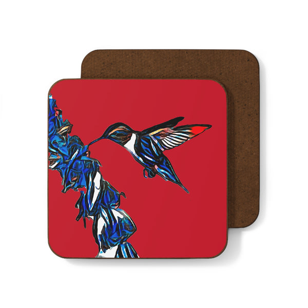 Hummingbird Blue Stick Red Hardboard Back Coaster
