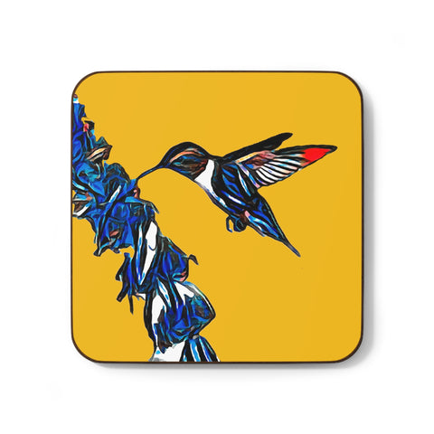 Hummingbird Blue Stick Yellow Hardboard Back Coaster