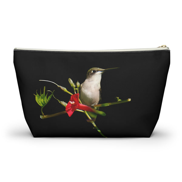 Hummingbird Red Bloom Black Accessory Pouch w T-bottom