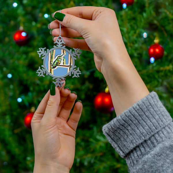 Hummingbird Gaze Pewter Light Blue Snowflake Ornament