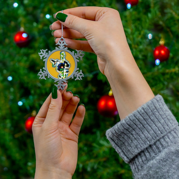 Hummingbird Standing Pewter Yellow Snowflake Ornament