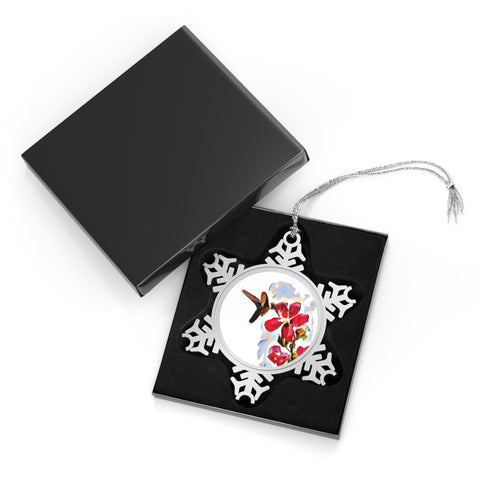 Hummingbird Red Rosa Pewter Snowflake Ornament