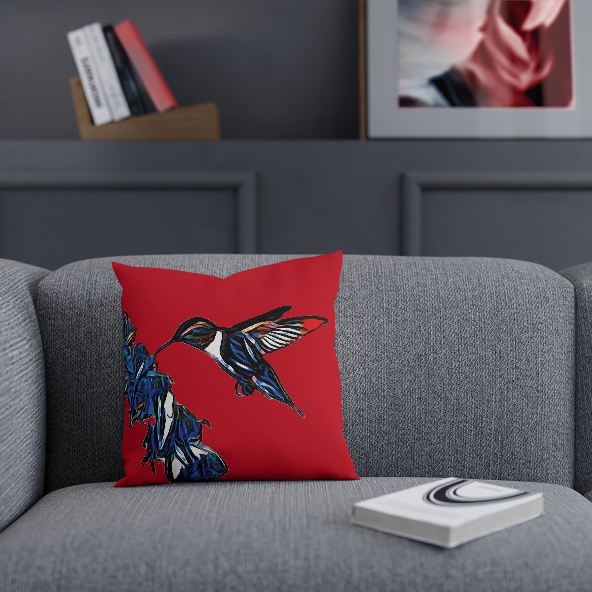 Hummingbird Blue Stick Red Cushion