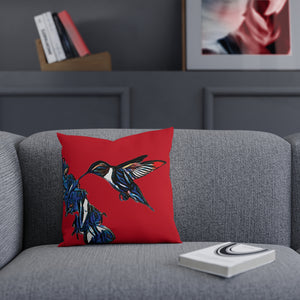 Hummingbird Blue Stick Red Cushion