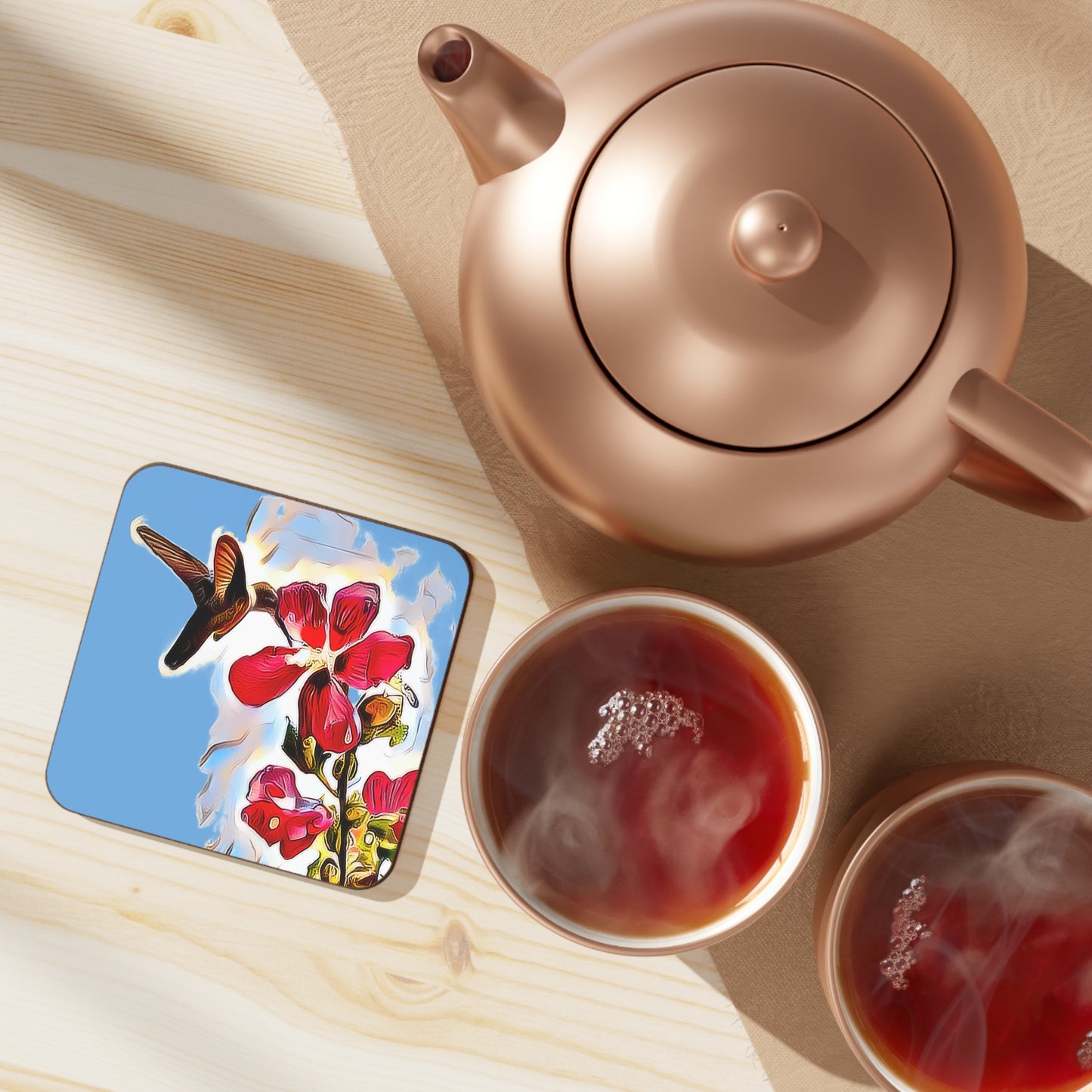 Hummingbird Red Rosa Light Blue Hardboard Back Coaster