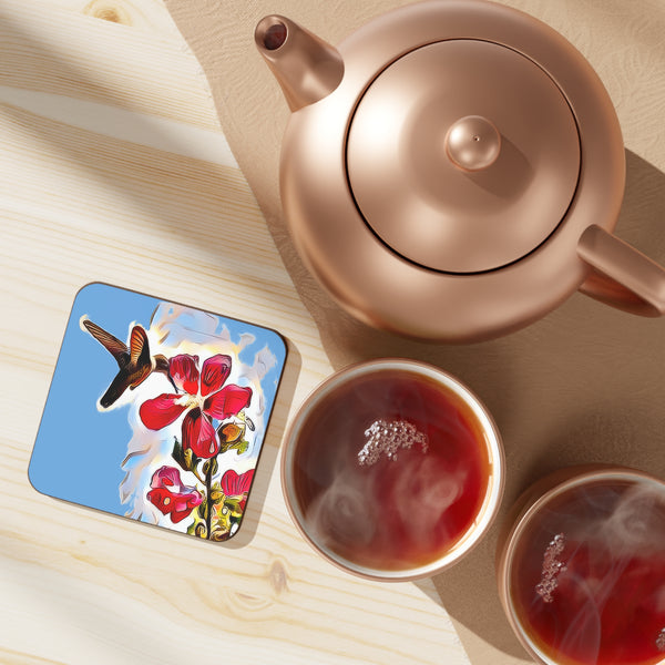 Hummingbird Red Rosa Light Blue Hardboard Back Coaster