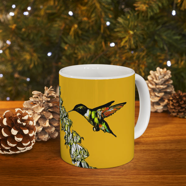 Hummingbird Stick Yellow Ceramic Mug 11oz