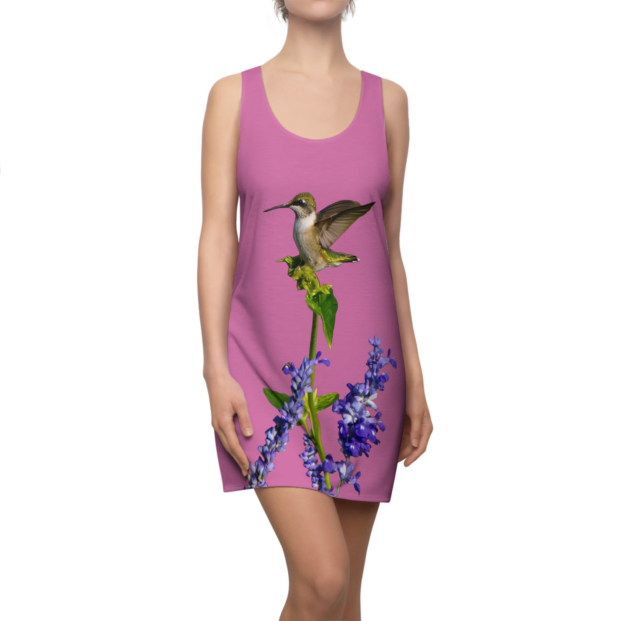 Hummingbird Lookout Neat Pink Women's Cut & Sew Racerback Dress (AOP)