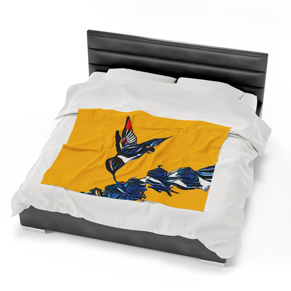 Hummingbird Blue Stick Yellow Velveteen Plush Blanket