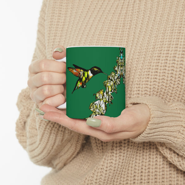 Hummingbird Stick Green Ceramic Mug 11oz