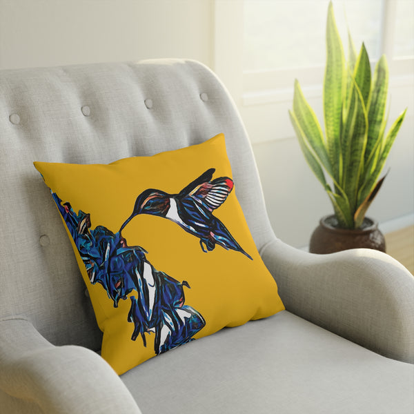 Hummingbird Blue Stick Yellow Cushion