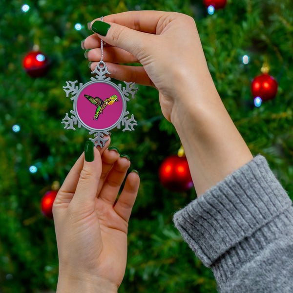 Hummingbird Emerald Sip Pewter Neat Pink Snowflake Ornament