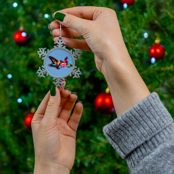 Hummingbird Landing Pewter Light Blue Snowflake Ornament