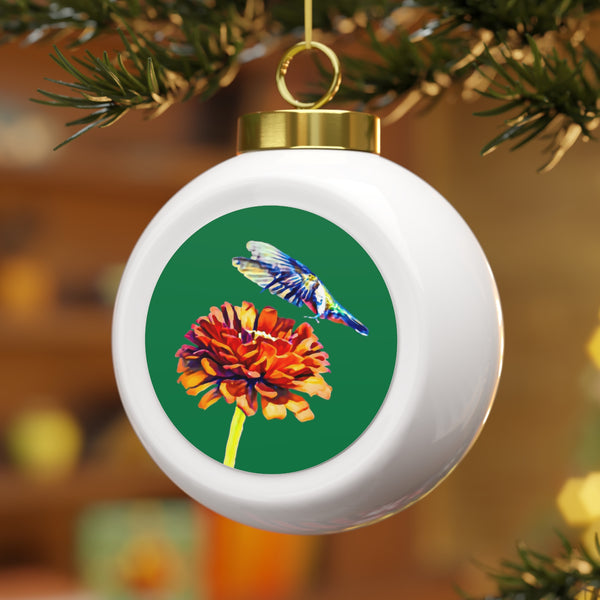 Hummingbird Wings Up Green Ball Ornament