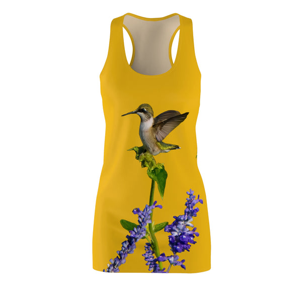 Hummingbird Lookout Yellow Women's Cut & Sew Racerback Dress (AOP)