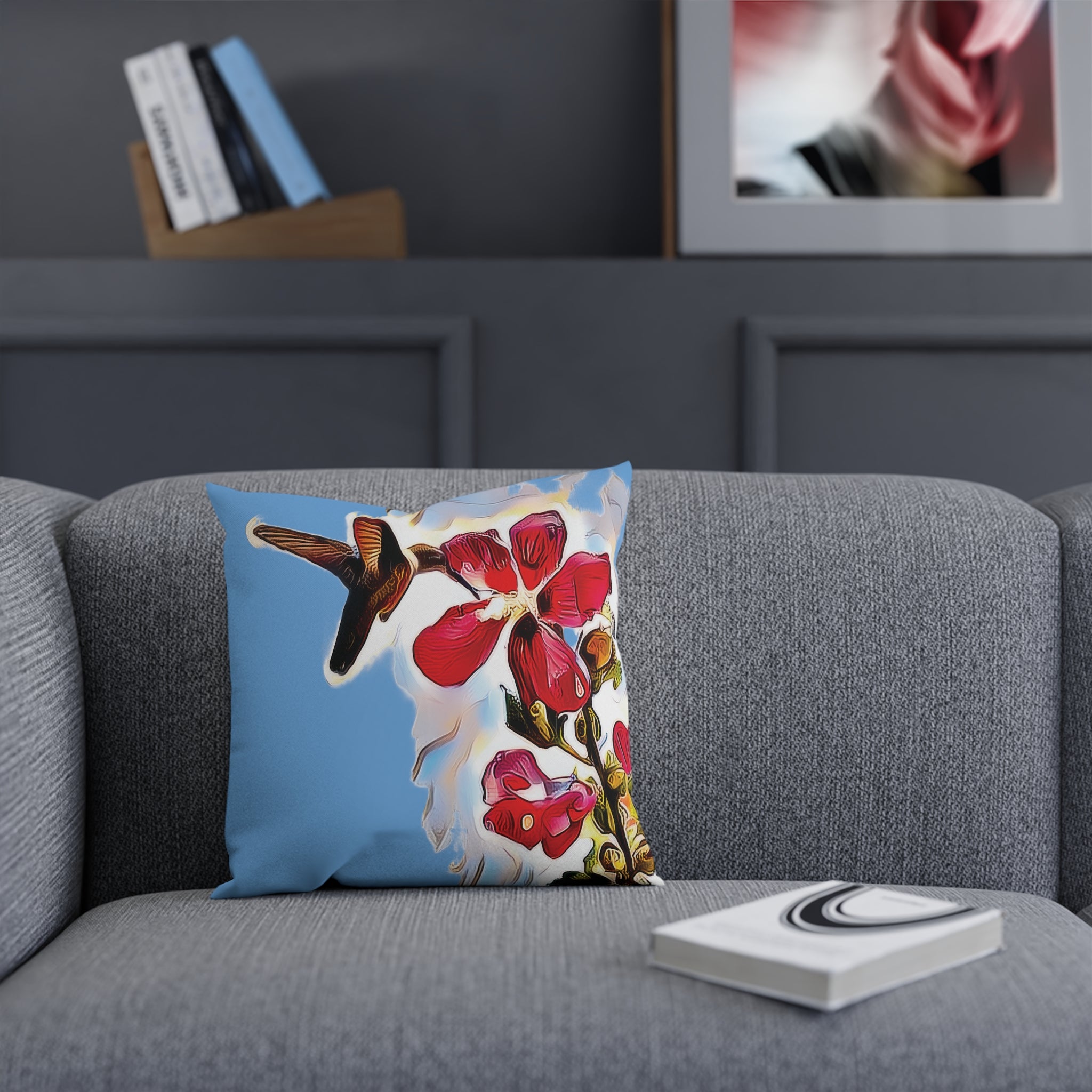 Hummingbird Red Rosa Light Blue Cushion