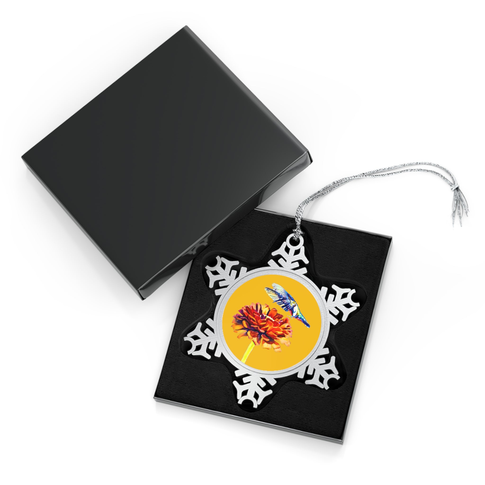 Hummingbird Wings Up Pewter Yellow Snowflake Ornament