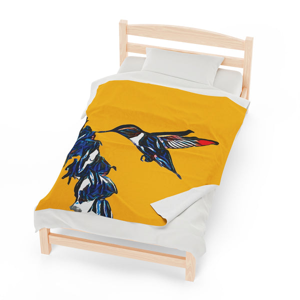 Hummingbird Blue Stick Yellow Velveteen Plush Blanket