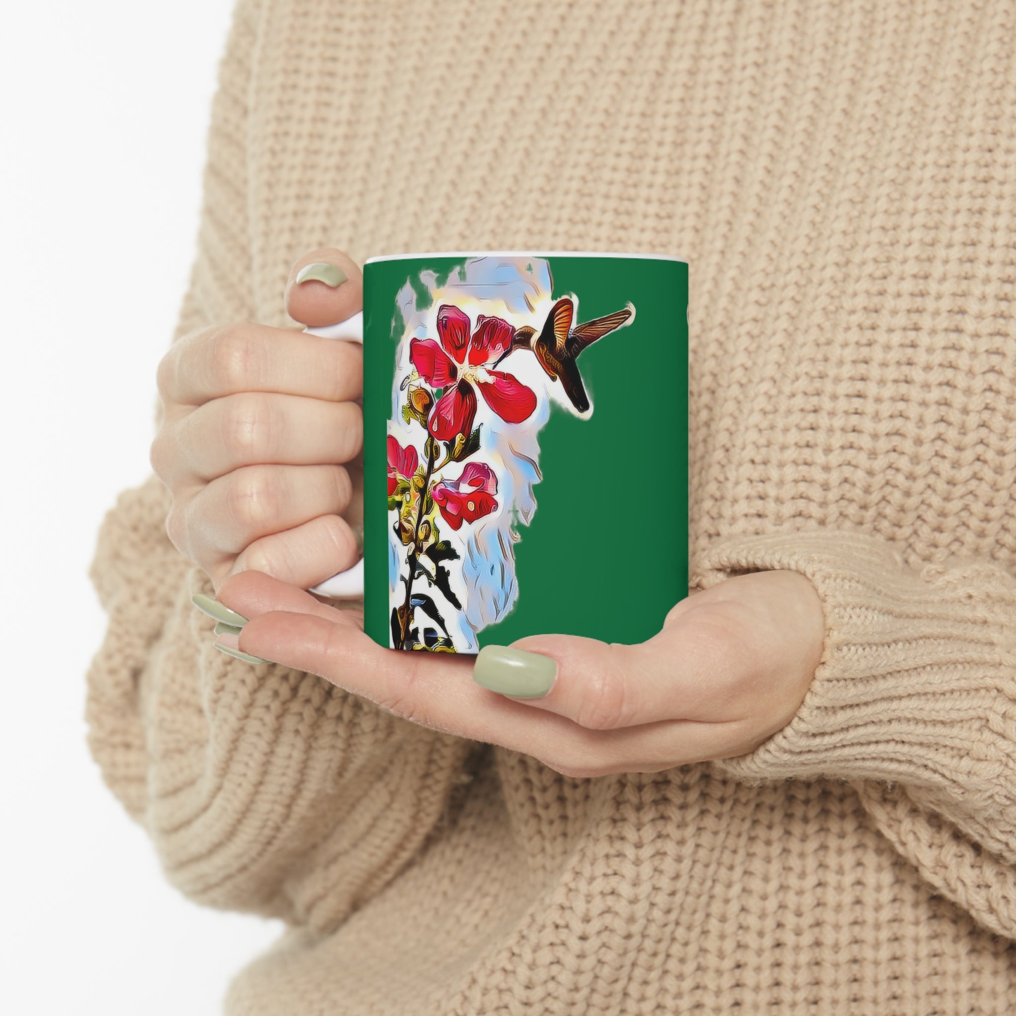 Hummingbird Red Rosa Green Ceramic Mug 11oz