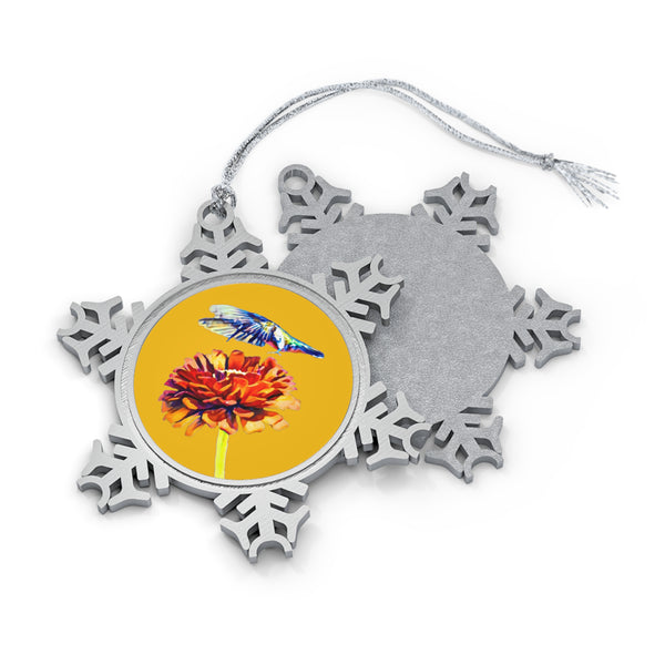 Hummingbird Wings Up Pewter Yellow Snowflake Ornament