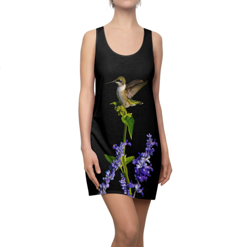 Hummingbird Lookout Black Women's Cut & Sew Racerback Dress (AOP)