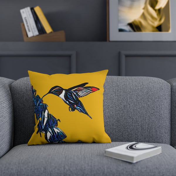 Hummingbird Blue Stick Yellow Cushion