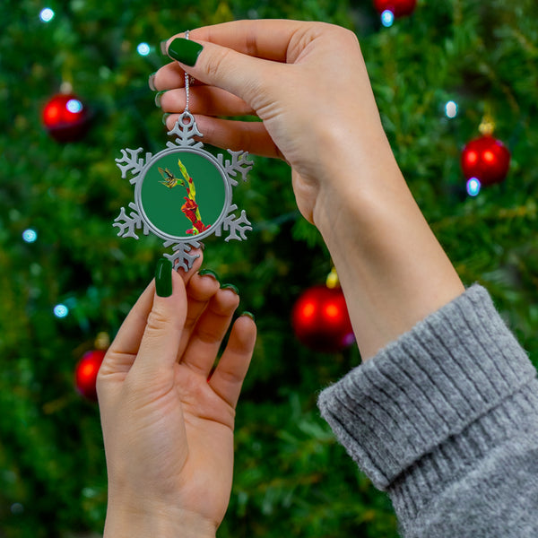 Hummingbird Gladiolus Pewter Green Snowflake Ornament