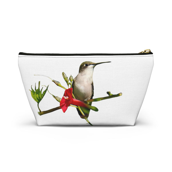 Hummingbird Red Bloom White Accessory Pouch w T-bottom