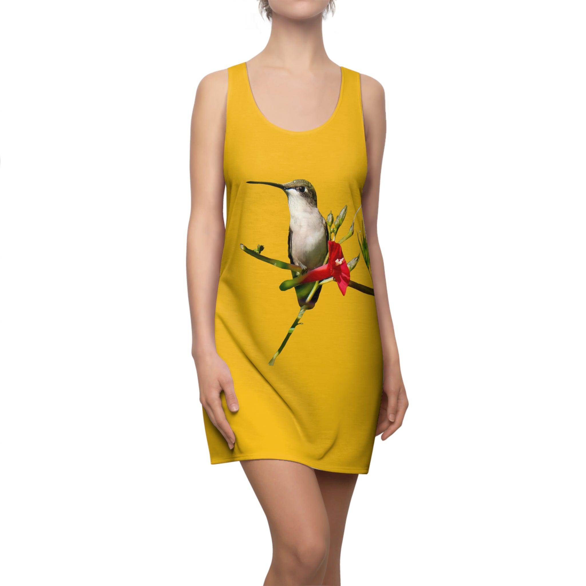 Hummingbird Red Bloom Yellow Women's Cut & Sew Racerback Dress (AOP)