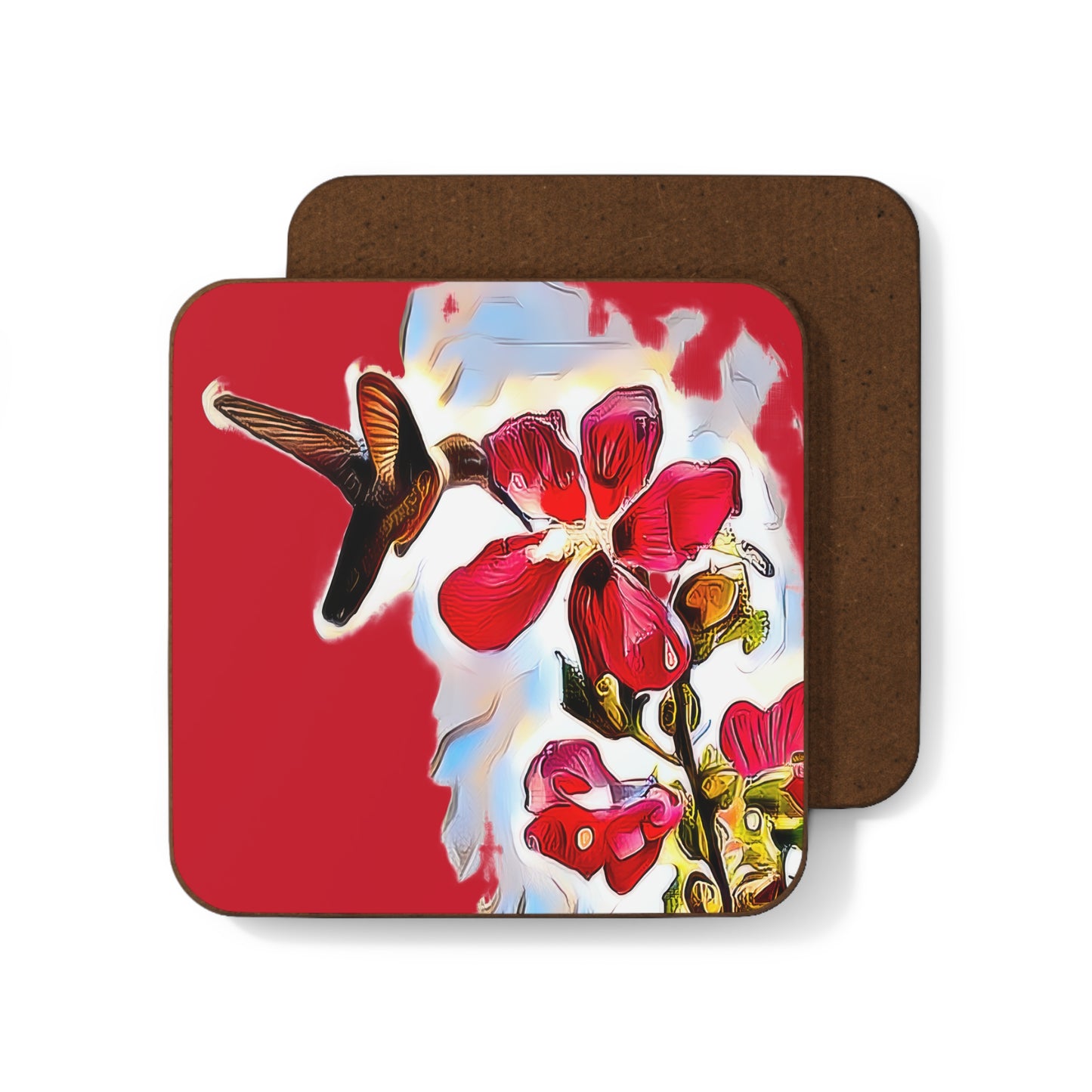 Hummingbird Red Rosa Red Hardboard Back Coaster