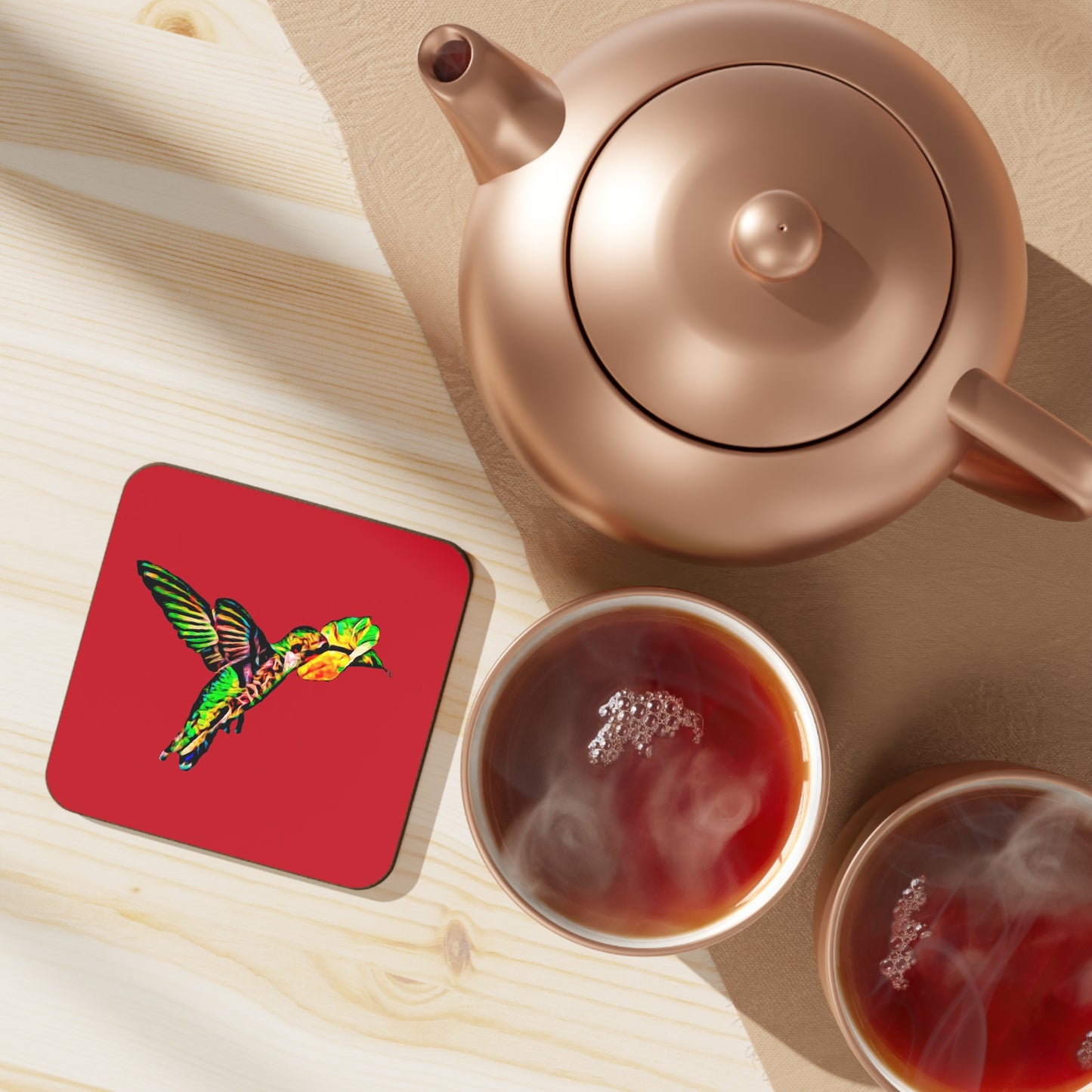 Hummingbird Emerald Sip Red Hardboard Back Coaster
