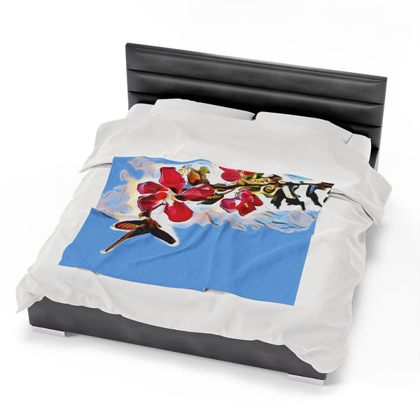 Hummingbird Red Rosa Light Blue Velveteen Plush Blanket