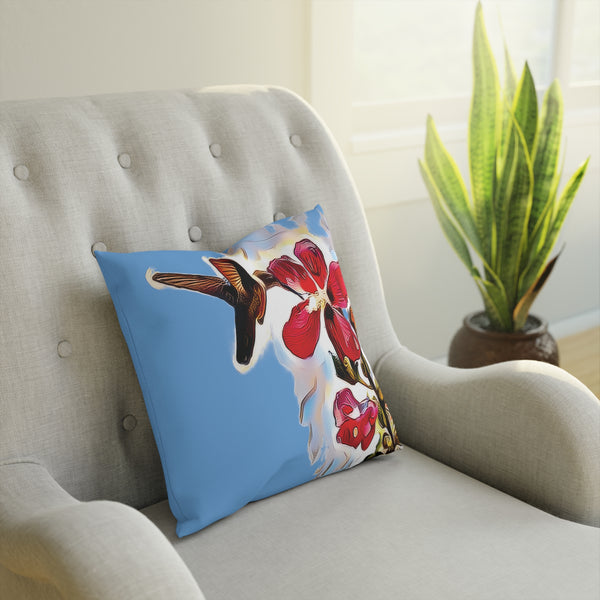 Hummingbird Red Rosa Light Blue Cushion